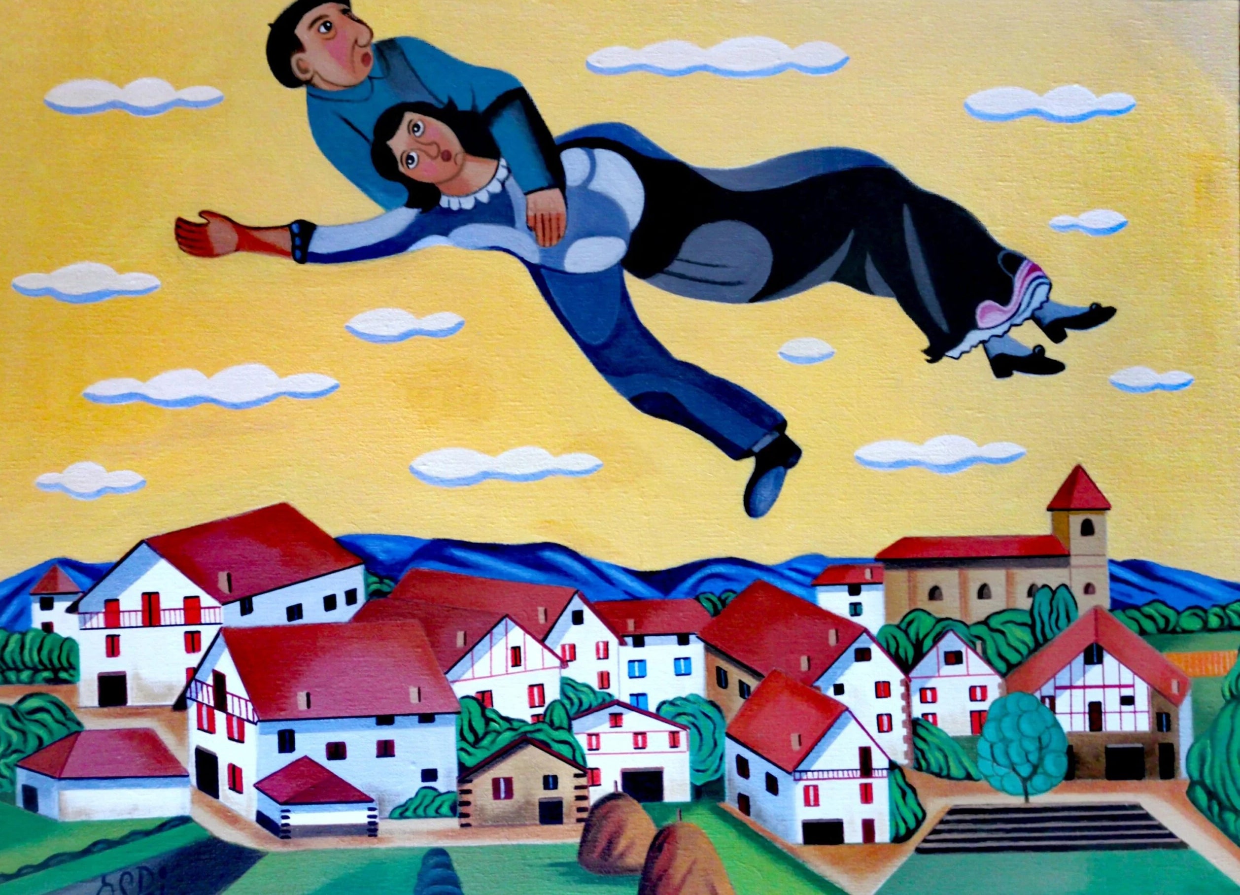 Vol au dessus d'un village basque clin d'oeil à Chagall